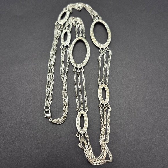 Monet Silver Tone Multi Strand Necklace Oval Rhinestone Stations Formal 24.5" - Picture 5 of 7